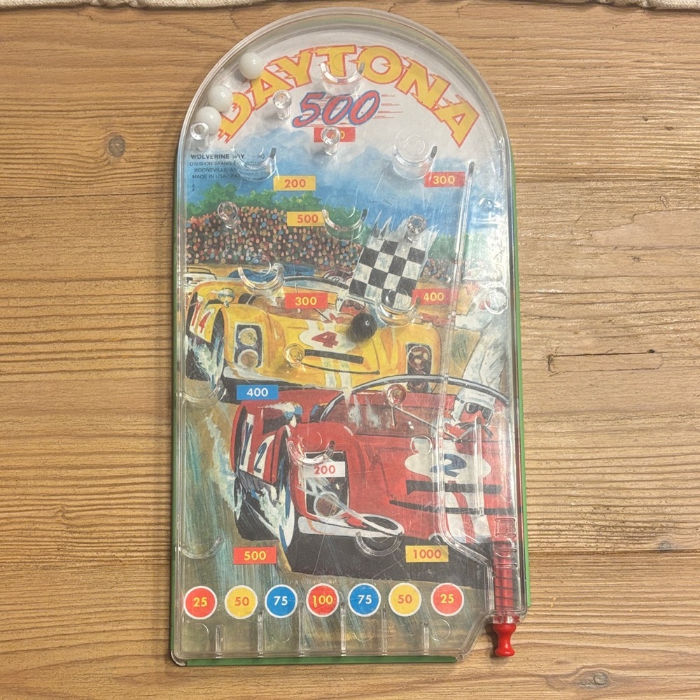 Vintage Daytona 500 Wolverine Toy Pinball Game w/ Colorful Graphics Racing Cars